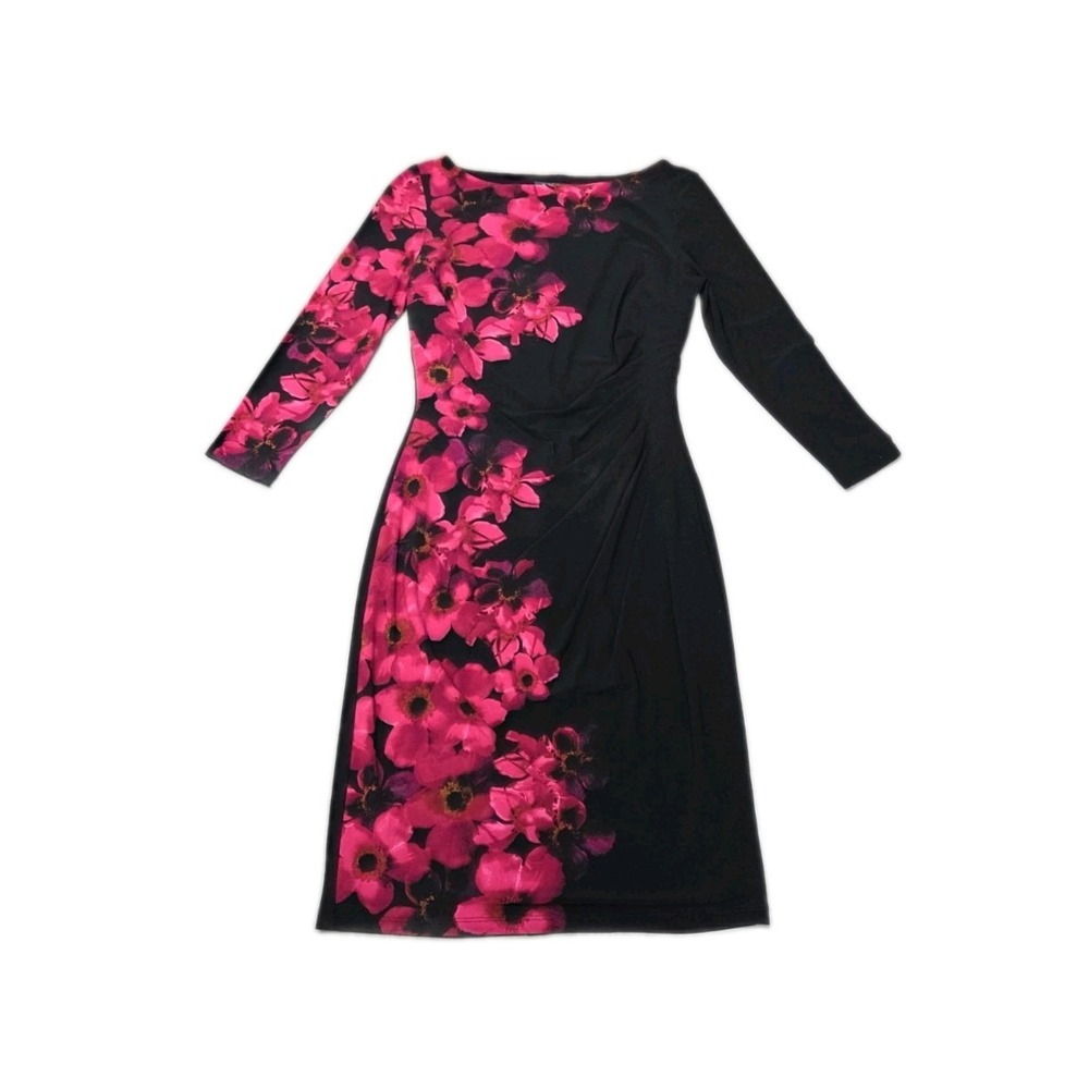 LAUREN RALPH LAUREN Pink Floral Ruched Long Sleeve Dress Women's Size 6